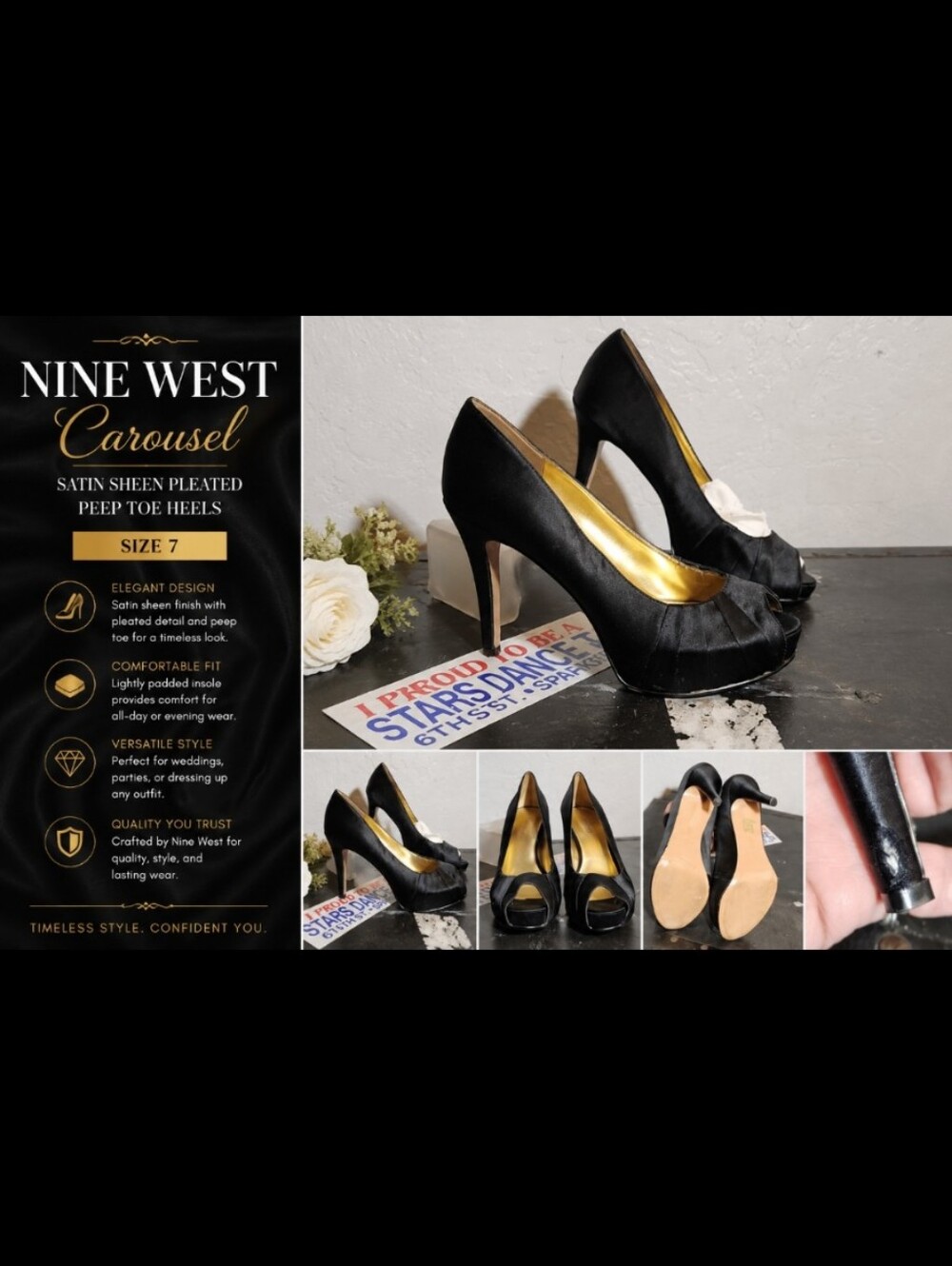 NINE WEST Carousel Satin Sheen Pleated Peep Toe Heels 7